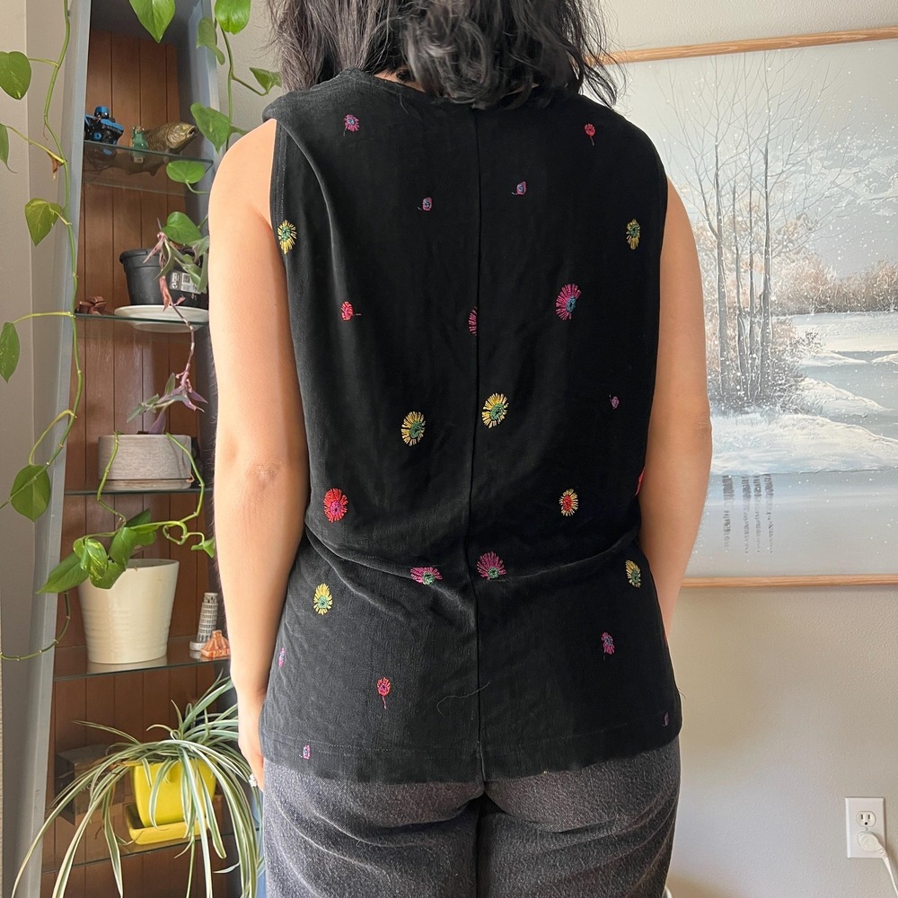 Vintage Slinky Top Black Embroidered Floral Sleeveless Blouse Minimalist Large - Picture 6 of 8